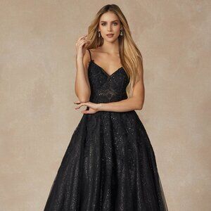 NEW FLOOR LENGTH SLEEVELESS A-LINE POLYESTER DRESS EMBROIDERED WITH LACE JT 251